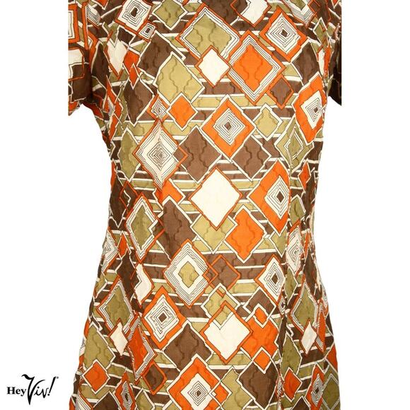Vintage Mod Keyhole Dress Brown Orange Geometric Metal Zip B36 W34 Sz M -Hey Viv - Picture 5 of 7
